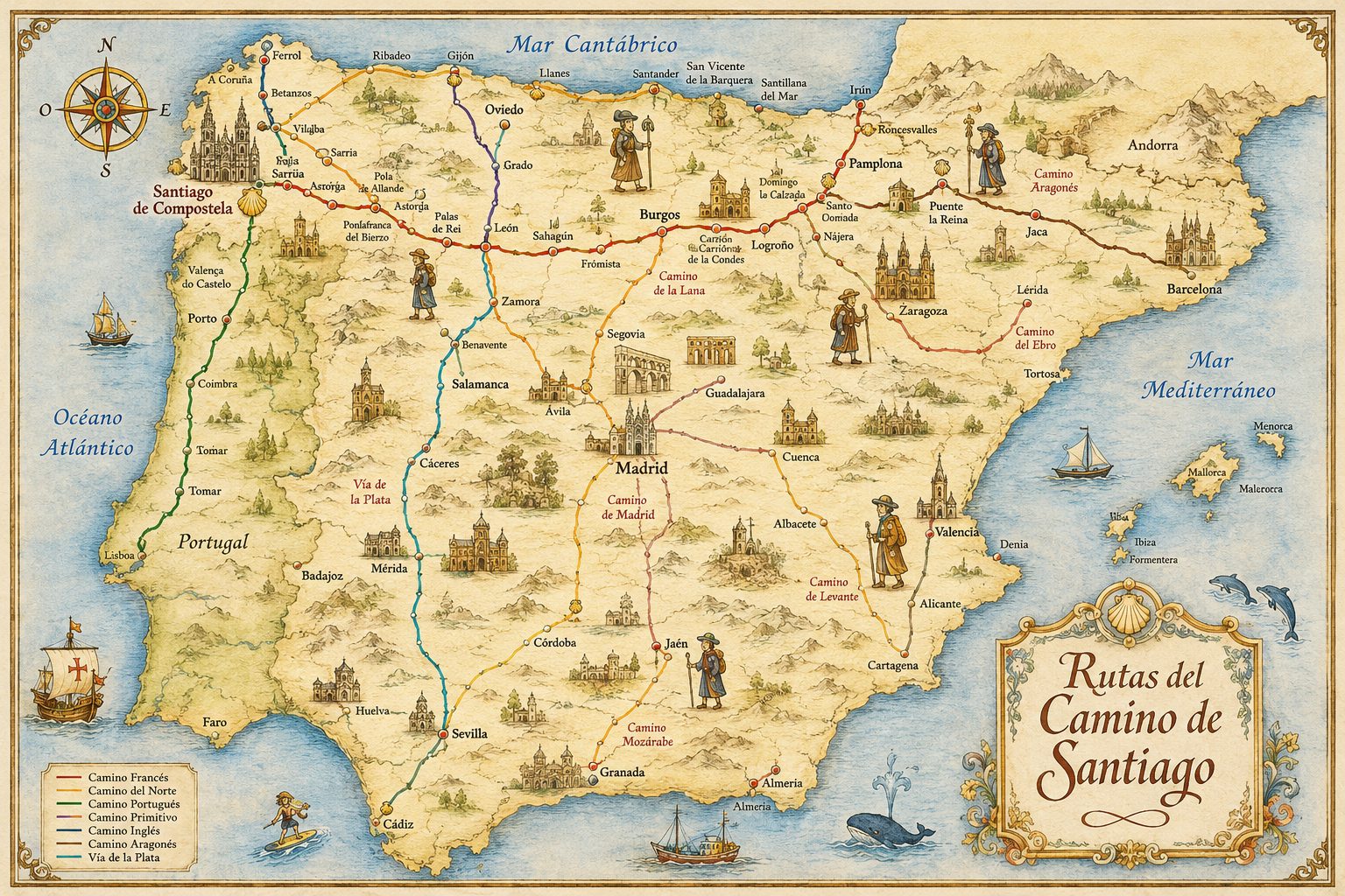 Mapa ilustrado de las rutas del Camino de Santiago en la península ibérica